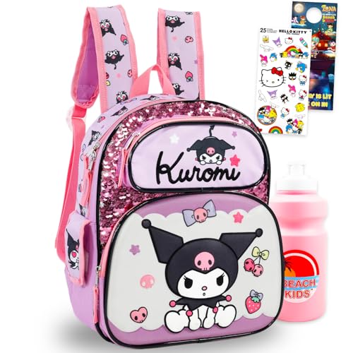 Mini mochila infantil Kuromi – Pacote com bolsa escolar Sanrio de 30,5 cm, garrafa de água, adesivos e mais | Bolsa de viagem Kuromi para meninas