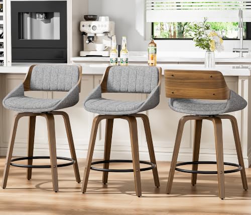 Image of YaFiti Bar Stools Set of 2, 26 inch Swivel Counter Height Barstools with Bentwood Back and Legs, Mid Century Modern Upholstered Fabric Counter Stools for Kitchen Island, Dining Room, Gray