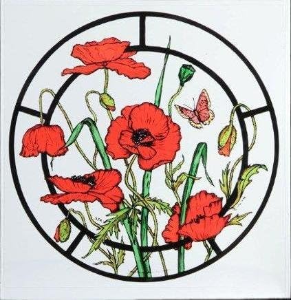 Winged Heart Static Window Cling in a Meadow Poppies Design, Red, Pink, Green, Blue, Yellow