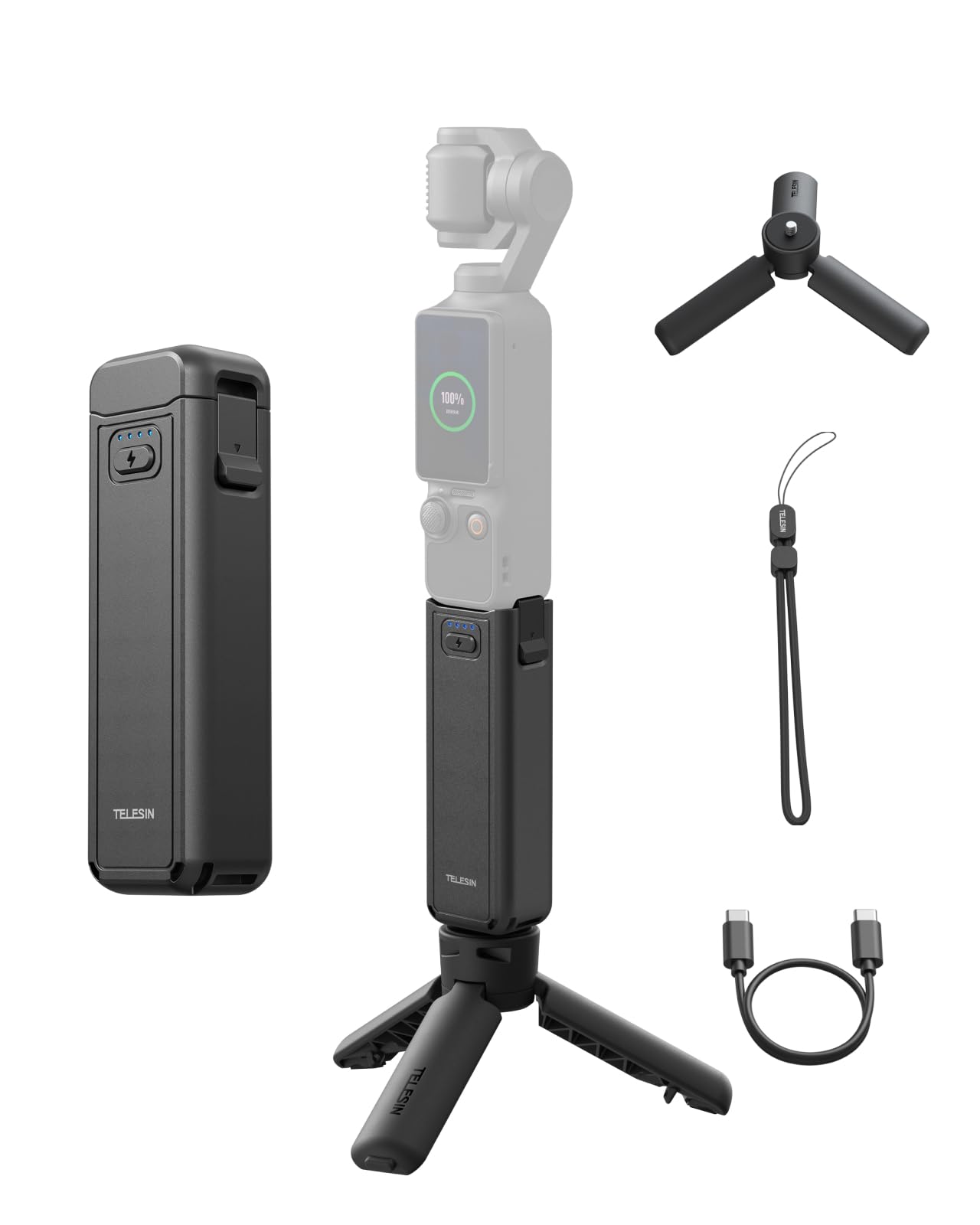 TELESIN Poignée Batterie pour DJI Osmo Pocket 4P/4/3, 5000mAh Power Grip avec Trépied, autonomie 1,3×, Charge Pendant Enregistrement, poignée vlog & trépied Portable pour Voyage et Tournage extérieur