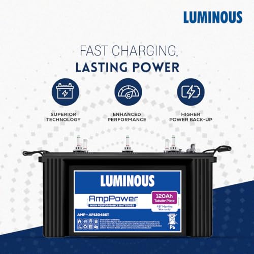 Image of Luminous Zelio 1100 Pure Sine Wave 900VA Inverter with 120Ah AmpPower Short Tubular Battery & Trolley Combo for Home, Shop & Office | Warranty: 36M (Inverter), 48M (Battery) | Reliable Power