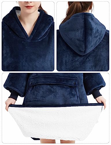 Image of KFUBUO Wearable Blanket Hoodie for Adults With Pocket Navy Extra Long | Sherpa, Fuzzy Blanket Hoodie, Oversized Sweatshirt Blanket, Kangaroo Pouch, Cute Birthday Gifts for Women, Cute Stuff