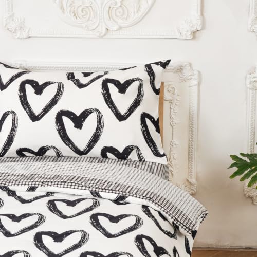 Image of Wellboo Black White Love Toddler Bedding Sets for Girls Boys Cute Cartoon 4 Pieces Soft Crib Bed Set Including Comforter, Sheets and Pillowcase Child Black and White Heart Quilt