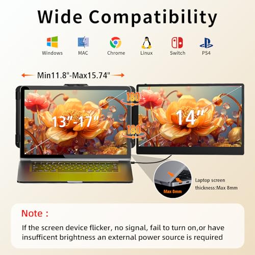 Image of Laptop Screen Extender Monitor - 14 Inch Portable IPS FHD 1080P HDMI /USB-A /Type-C Dual Extended Monitor for Laptops (Maximum Length: 15.94 inch) Compatible with Windows Mac Travel Gaming Work