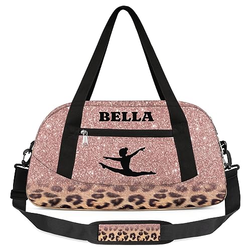 Personalized Dance Gym Bag for Girl, Custom Sport Weekender Travel Duffel Bag - Rose Leopard Gymnastics