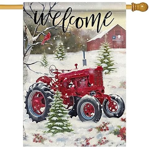 Furiaz Welcome Winter Red Tractor Large House Flag, Pine Tree Cardinal Red Bird Farm Country Decorative Garden Yard Outside Decorations, Christmas Holiday Snowy Farmhouse Outdoor Home Decor 28 x 40 Cover