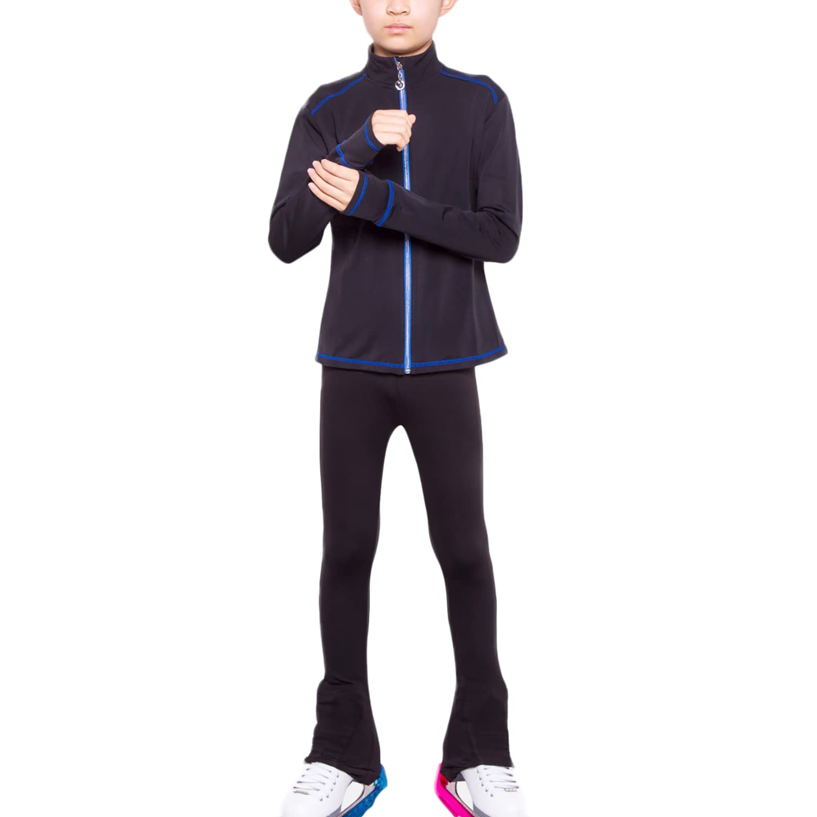 Niños y Niñas Conjunto de Chaquetas y Pantalones de Patinaje Artístico Traje de Entrenamiento de Patinaje Cálido Conjunto Trajes Entrenamiento de Patinaje Sobr(Size:SG,Color:Negro-B)