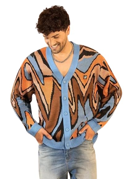 fugazee Blue Abstract Graphic Cardigan for Men | Oversized Acrylic Wool Winter Layering Sweater | Drop Shoulder Buttoned Cardigan | Ribbed Neckline & Cuffs-picture-37