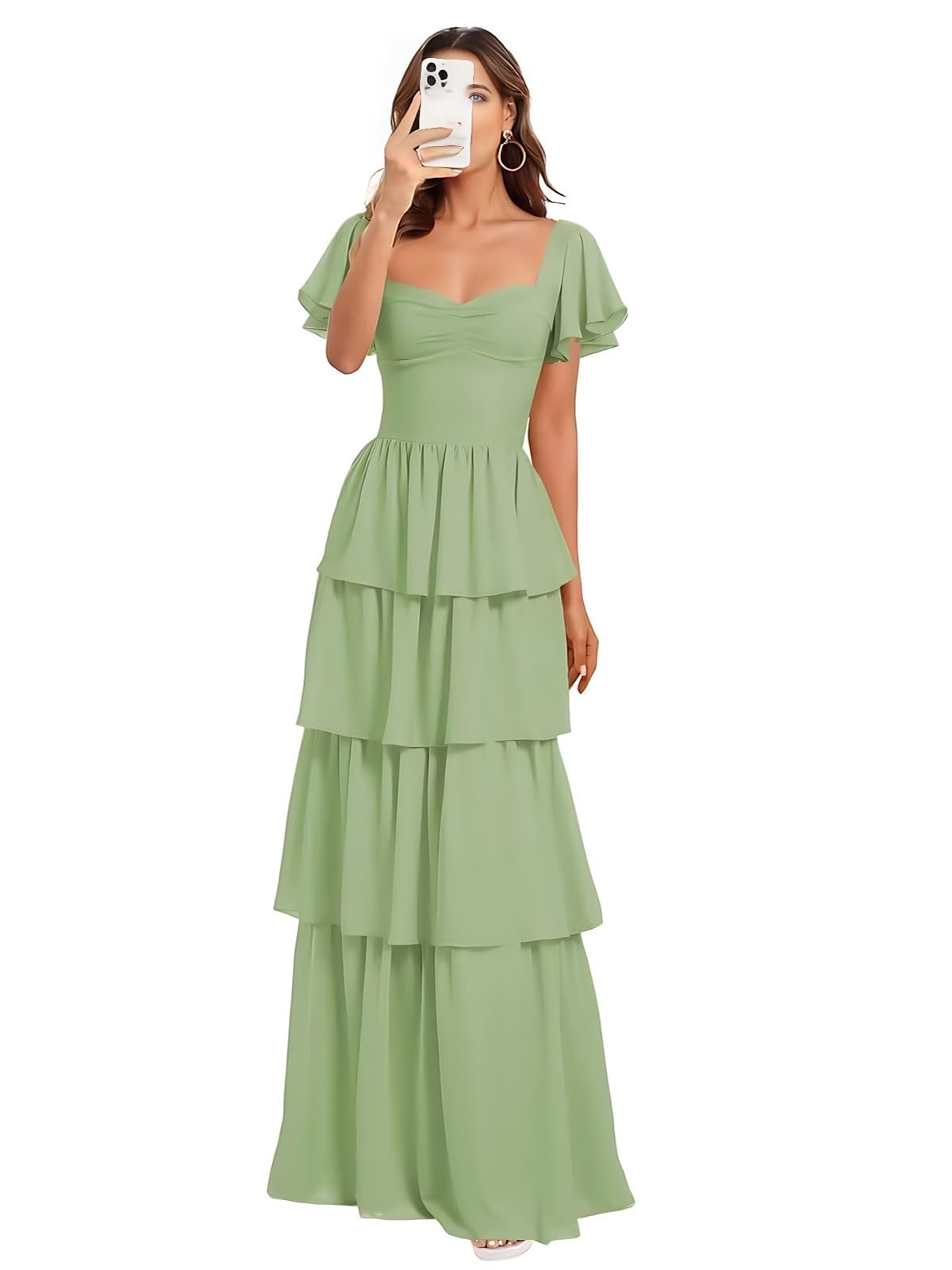 Kurzarm Chiffon Abendkleider Elegant für Hochzeit,Gestufte A-Linie Brautjungfernkleider Lang für Damen Maxi Beach Festliche Kleider für Hochzeitsgäste