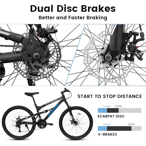 Image of Ecarpat 24 /26 Inch Mountain Bike, Full Suspension Mens Women Mountain Bike with 21 Speeds High-Carbon Steel Frame and Disc Brakes, Adult Sport Bicycle for Trail Snow Commuter City Road