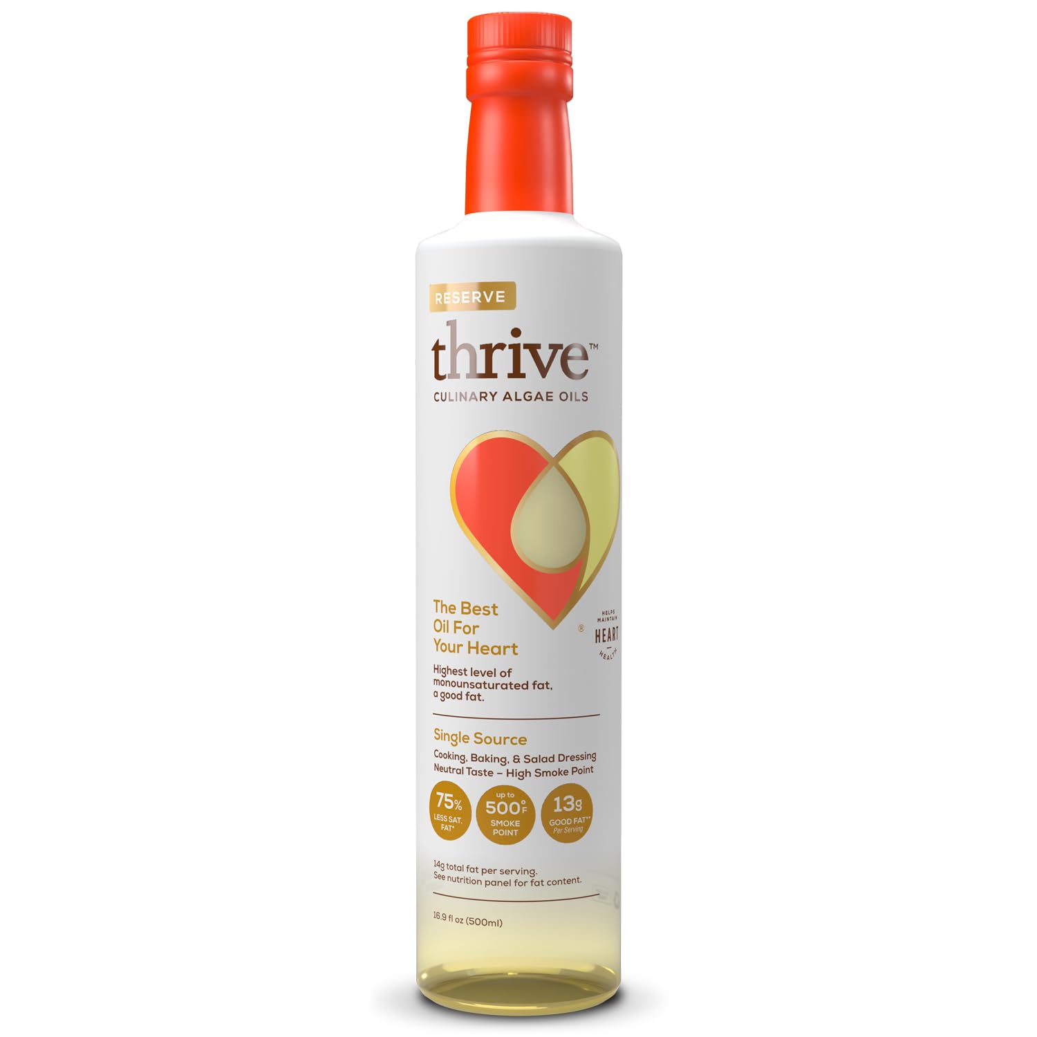 Thrive Cooking Oil - Reserve Pure Algae Oil, Heart and Health-Conscious Oil, Rich in Omega-9 Monounsaturated Fat (90%), Very Low Omega-6, 16.9 fl oz,