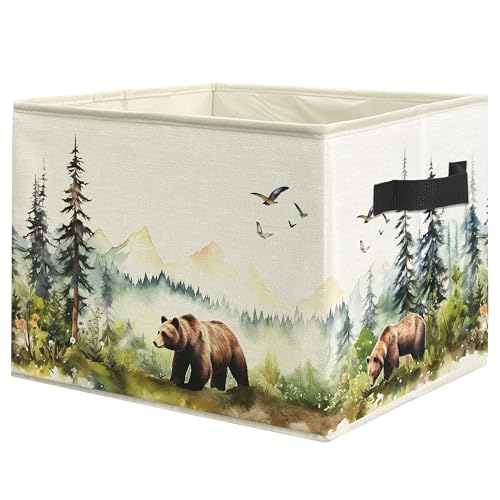 WARDOS Forest Brown Bear Nursery Storage Bin Box with Handles, Watercolor Wild Animal Bear Foldable Linen Fabric Laundry Basket for Kids Room Nursery...