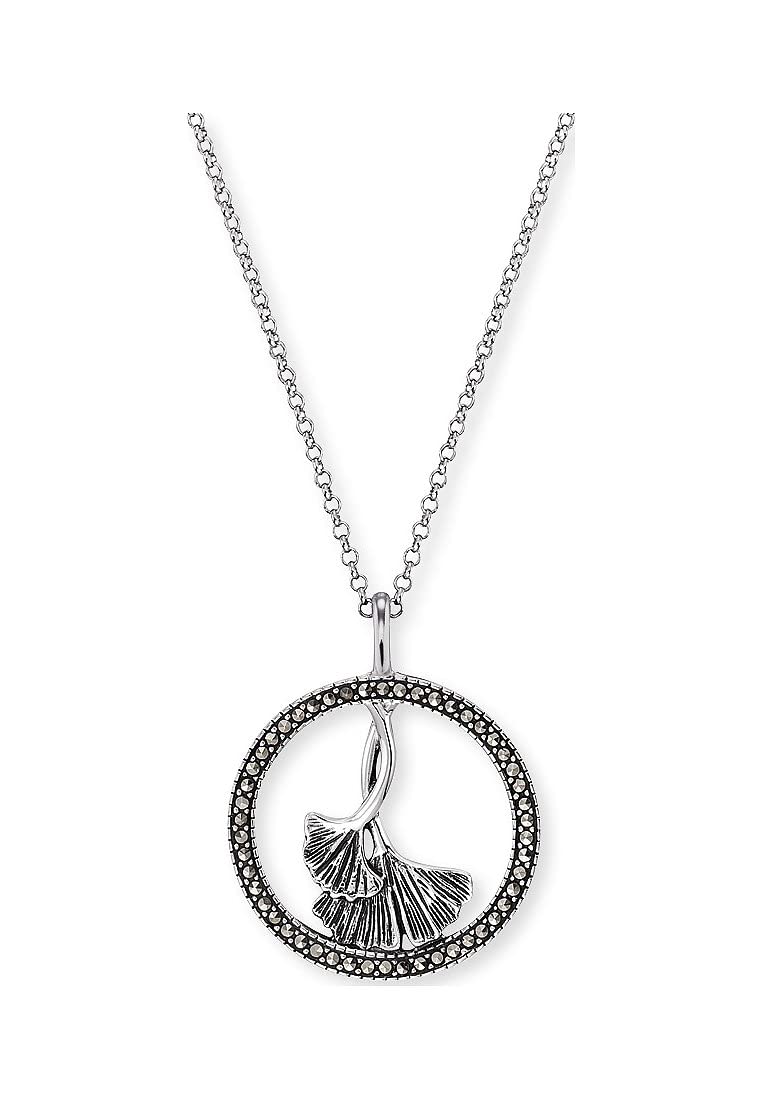 Engelsrufer ERN-GINKGO-MA Necklace with Ginkgo Pendant Sterling Silver and Marcasite in Silver-Black Length 42 cm + 4 cm + 4 cm, 42cm, Sterling Silver, Cubic Zirconia