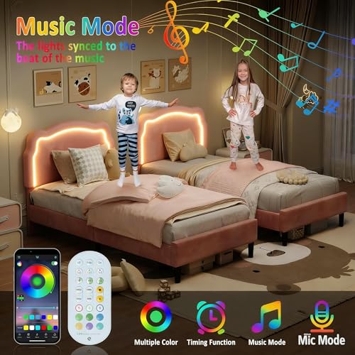 Image of GarveeHome Twin Upholstered Smart LED Bed Frame with Headboard, Velvet Princess Platform Bed Frame for Kids, Wooden Slats Support, No Box Spring Needed (Rose)