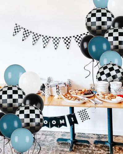 Image of Race Car Balloon Bundle Checkered Balloons Blue Black Latex Balloon Boy One Happy 1st 2nd Vintage Two Fast Theme Fast One Race Car Birthday Party Decor Supplies 20 Pcs Kit