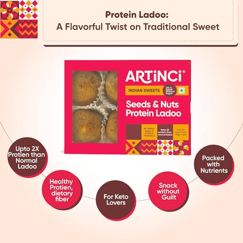 Image of Artinci High Protein Laddu (Pack of 2 x 190g), As Seen on Shark Tank India, Enriched with Seeds, Nut flour & Wheat, Diabetic Keto-Friendly Laddoo, Sugar Free, Vegan, Low Carbs