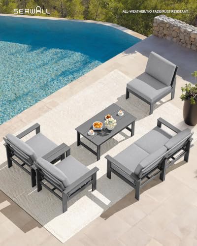 Image of SERWALL HDPE Outdoor Patio Furniture Set Outdoor Couch | All Weather Outdoor Sectional with Coffee Table, Gray Frame & Gray Cushions