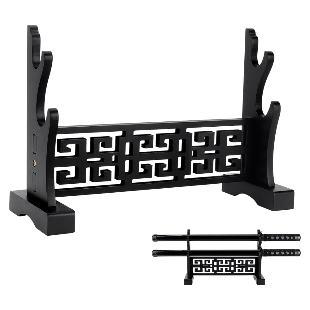 UNICRAFTALE 2-Tier Sword Stand Base Sword Display Stand Wooden Rack Black MDF Katana Stands Samurai Swords Hanger Cosplay Rack Swords Holder for Light Sabers 40x14x26.5cm