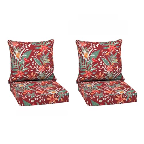 Image of Arden earthFIBER Outdoor Deep Seat Cushion Set, 2-Pack, 24 in x 24 in, Weather-Proof, Rain-Proof, Fade Resistant Patio Cushion for Chair, Sofa, and Couch Luau Red Tropical Floral