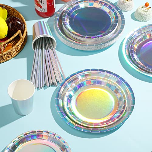 Iridescent Party Supplies Decorations, Holographic Plastic Plates And Napkins Set, Disposable Iridescent Paper Plates Cups Knives Spoons Fork Straw For Unicorn Mermaid Birthday Wedding Party, Serve 25 #TOP2