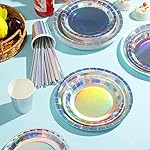 Iridescent Party Supplies Decorations, Holographic Paper Plates and Napkins Set, Disposable Iridescent Paper Plates Cups Knives Spoons Fork Straw for Mermaid Birthday Wedding Party, Serve 25 - Image 3