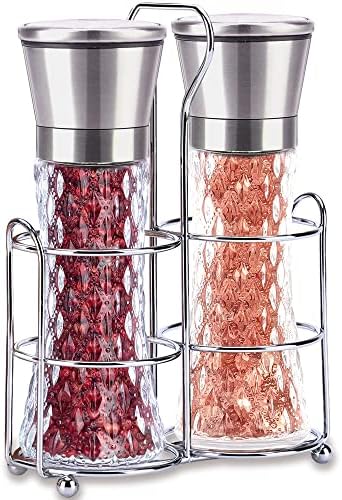 AAILDEHY Salt and Pepper Grinder Set of 2 - Stainless Steel Salt and Pepper Mill with Adjustable Coarseness - Ceramic Pepper Grinder Refillable - Glass Spice & Kosher Salt Shaker with Stand