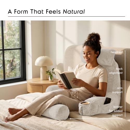 Image of Nestl Reading Pillow with Shredded Memory Foam Includes 2 Neck and Lumber Support Pillows, Designed for Sitting Up in Bed and Couch, Back and Arms Adjustable Support for Adult & Teens, Linen