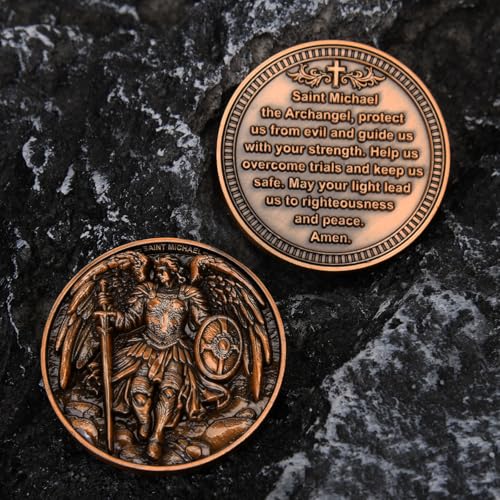 Image of Saint Michael Archangel Protection Coin - 1.57-Inch Double-Sided Zinc Alloy Collectible with Antique Finish, Featuring Saint Michael Prayer Christian Challenge Coin