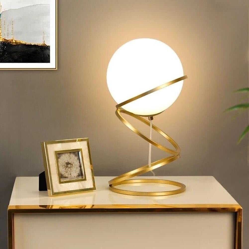 Lampada da tavolo comodino oro con sfera in vetro bianco design moderno lume dorato con cerchi (1) D31