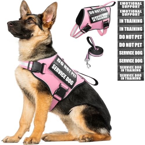 MOOGROU Service Dog Vest Harness and Leash Set+10 Patches,No Pull&Easy Walk Reflective Dog Harness with Soft Padded Handle for Training/Everyday,Fit Small/Medium/Large/Extra-Large Dogs (Pink XL)