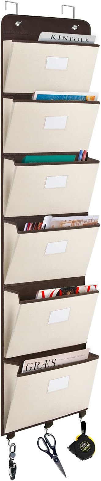coastal rose Over The Door File Organizer, 6 Pockets Mail Organizer Holder Wall Mount Hanging File Folders Storage Organizer for Office, Home, Paper, Document, Chart(Beige)