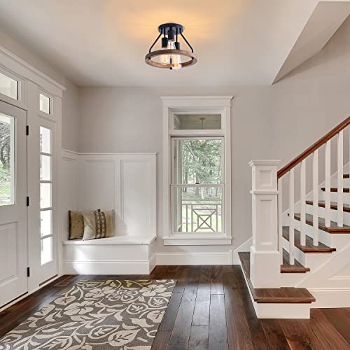 Viluxy Industrial Flush Mount Ceiling Light Fixture With Retro Wood Circle Shade For Hallway thumb #4