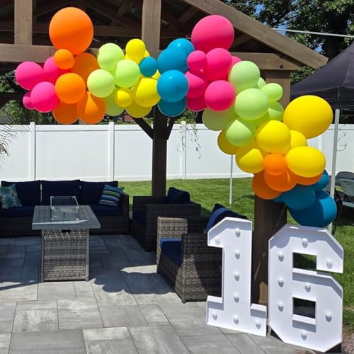 Image of Hawaii Balloons Set, Pack of 60 12 Inch Hot Pink Orange Blue Light Green Yellow Neon Rainbow Latex Balloon for Summer Tropical Flamingo Luau Beach Aloha Baby Shower Birthday Party Decorations Supplies
