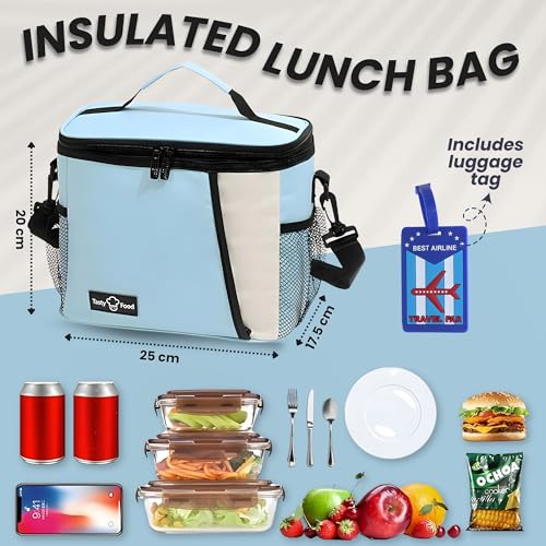 Image of OCEANEVO Insulated Lunch Bag with Luggage Tag, Tiffin Bag for Office with Handle and Shoulder Strap for Men and Women - 25 x 17.5 x 20 Cm - Sky Blue