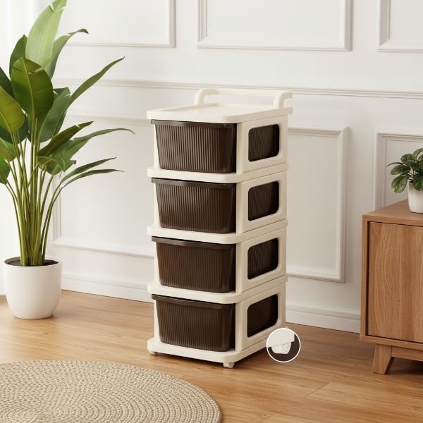 Image of KITCHIVO Heavy Duty Plastic Storage Drawer with Wheels | Modular Cabinet for Bedroom, Office, Home or Classroom| Chest of Drawers Organiser for Cosmetics, Kitchen items, Toys (Brown, 4)