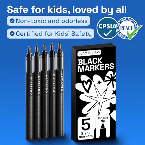 Image of ARTISTRO 5 Black Paint Pen for Rock, Glass, Ceramic, Wood, Tire, Fabric, Metal, Canvas, Marking, Painting - Set of 5 Acrylic Paint Markers Water-based - Brush Tip with Automatic Ink Control System
