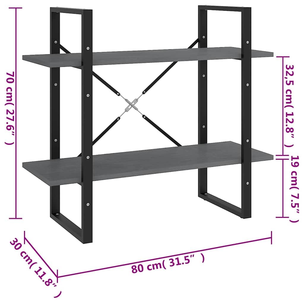 Libreria a 2 ripiani, grigio, 80 x 30 x 70 cm, in legno massello di pino, da parete, divisorio, scaffale decorativo per soggiorno, studio, cameretta dei bambini