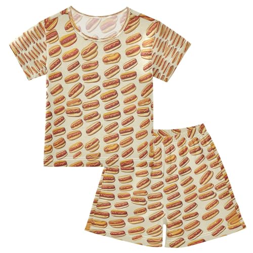 Pajama Sets Short Sleeve Hot Dog Cartoon Pattern Soft Cotton Summer Sleepwear 2 Piece PJS Size 5-14T