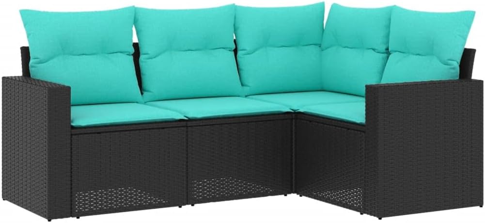 vidaXL - Patio Sofa Set with Cushions - 4 Piece Outdoor Black Poly Rattan - Modular Garden Furniture for Patio, Deck, Terrace