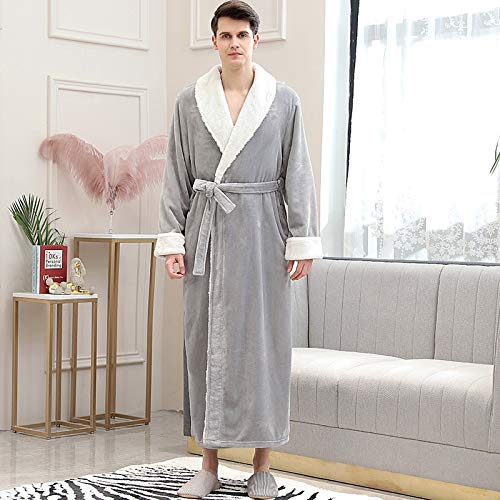 XHDFHS Women Extra Long Winter Warm Flannel Bathrobe Plus Size Sexy Pink Fur Bath Robe Bride Robes Night Dressing Gown Men Sleepwear (Color : Men Light Gray, Size : M)