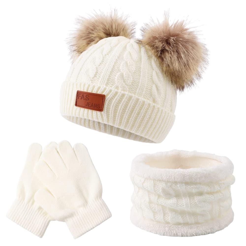 Yuoahcn Kids Winter Beanie Hat Scarf Gloves Set Knit Warm Toddler Winter Cap Gloves Neck Warmer for Boys Girls 1-8 Year