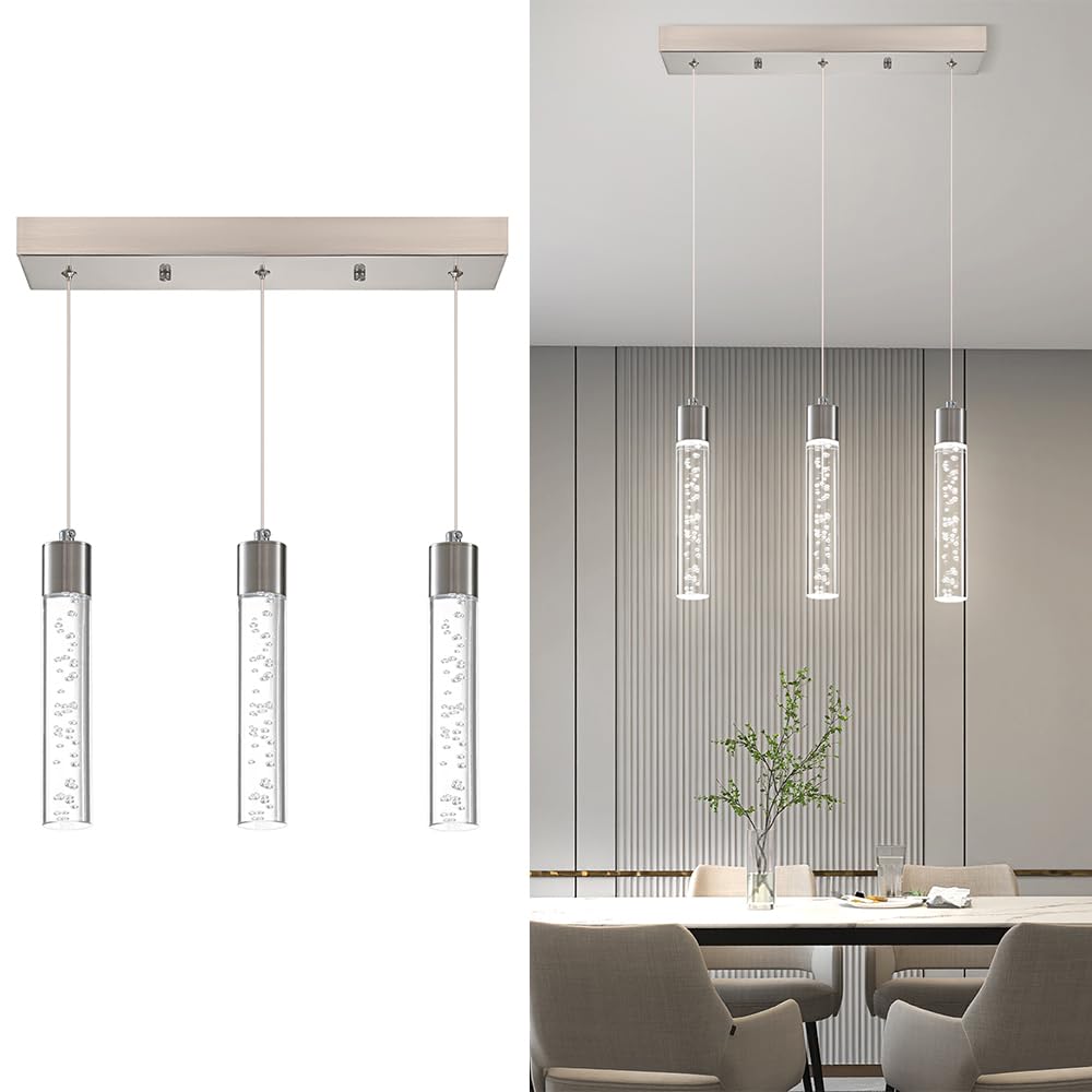 PNOUKF 3-Light Pendant Lights LED Kitchen Island Hanging Light Fixture, Brushed Nickel Dining Room Light Fixture with 6500K 12W