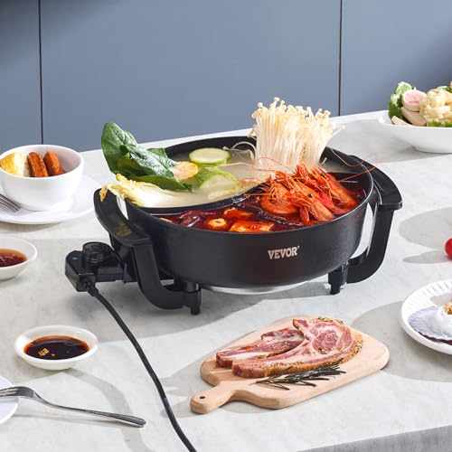 VEVOR Electric Hot Pot, 1360W 5 L Double-flavor Shabu Shabu Pot, Non-Stick Electric Cooker with Divider, Clear Glass Lid, Temperature control, Chinese Hotpot for 6-10 People Family Dinning & Party - Image 3