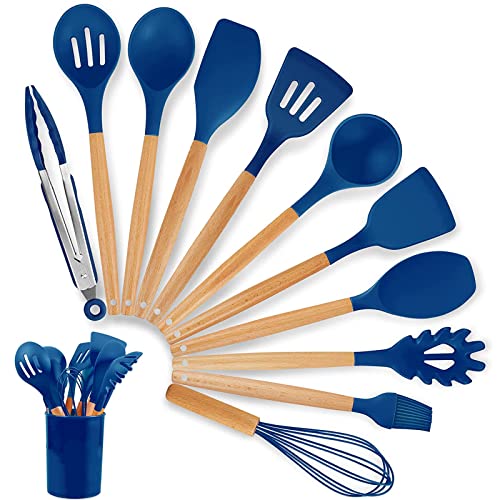 12 PCS Silicone Cuisson Ustensiles Ustensiles De Cuisine Ensemble De Cuisine, Ustensiles De Cuisson En Bois Ustensiles De Cuisson En Silicone/Ustensiles De Cuisine/Produits Ménagers,Dark blue