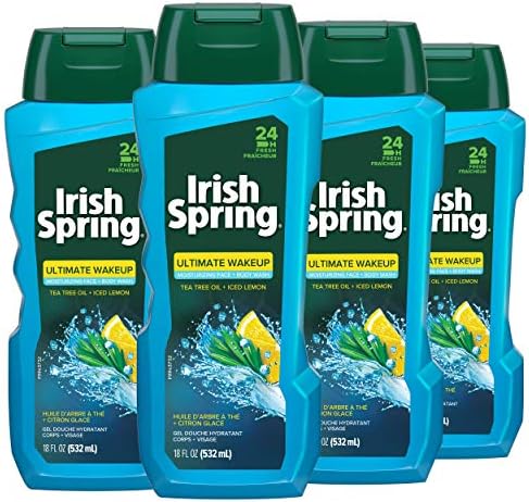 Irish Spring Ultimate Wake Up Tea Tree Face & Body Wash for Men, Moisturizing Body Wash Washes Away Bacteria - 18 Fluid Ounce, 4 Pack