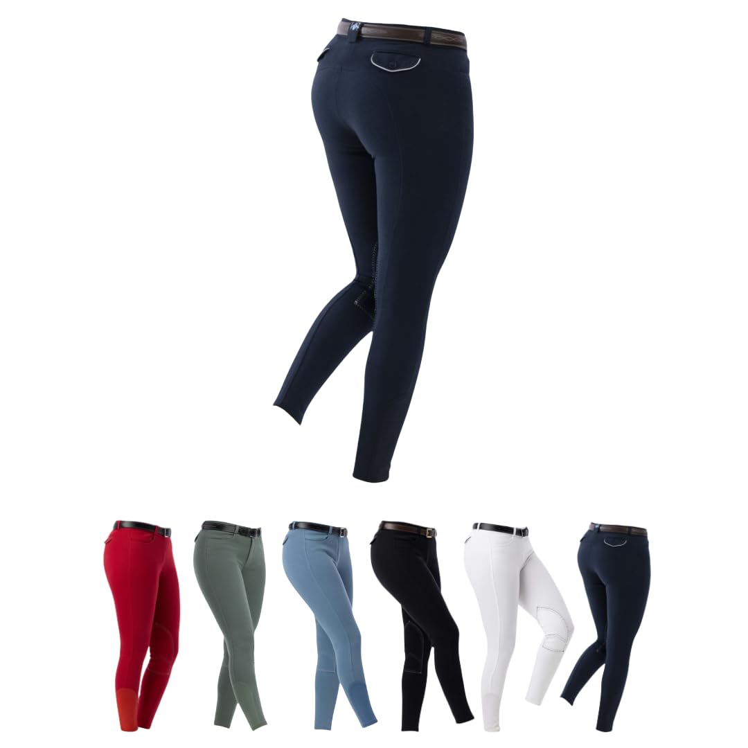 RIDING WORLD Pantalon d'équitation pour fille et garçon Alexandrie | Pantalon d'équitation avec genouillères en tissu | avec poches avant | Legging d'équitation bleu marine | Vêtements d'équitation