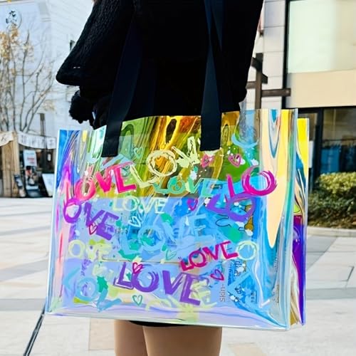 Transparent Rainbow-colored Tote Bag, Printed with LOVE Letters, PVC Material, Fashionable and Simple, 15.75inx3.74inx11.81in3
