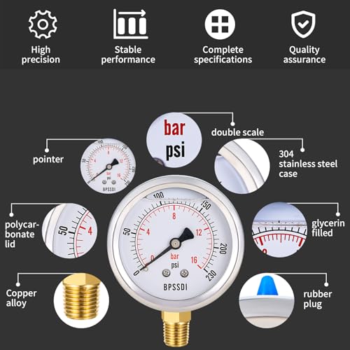 Image of 0-230 Psi Pressure Gauge, Glycerin Filled, Water Pressure Gauge, 2-1 /2 inch Dial, 1 /4 inchNPT Lower Mount, Stainless Steel Case, for Pneumatic Regulator Air Compressor RV Regulator Water Pressure Test