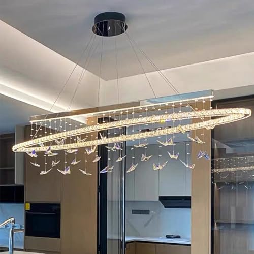 WOSOHYUN 48 inch Black Crystal Butterfly Chandelier, Modern LED Round Ring Pendant Light for Dining Room, Living Room, Foyer, Bedroom, Ceiling Lighting Fixture