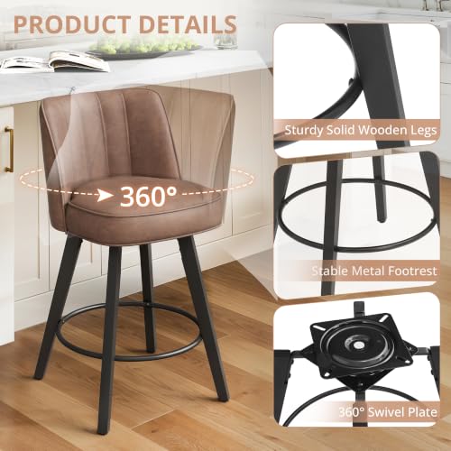 Image of LUE BONA 360-degree Swivel Bar Stools Set of 3, 26 inch Counter Height Bar Stools with High Back and Wood Legs, Morden Faux Leather Upholstered Barstools for Kitchen Counter, Saddle Brown